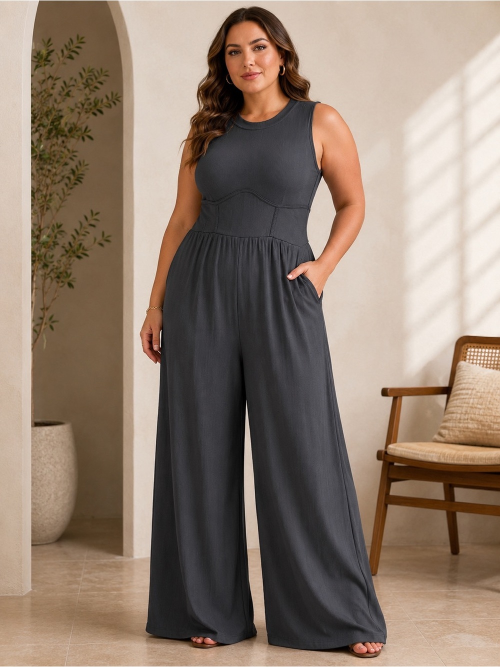 Cider Sleeveless Wide-Leg Jumpsuit in Charcoal Gray - Picture 1 of 10